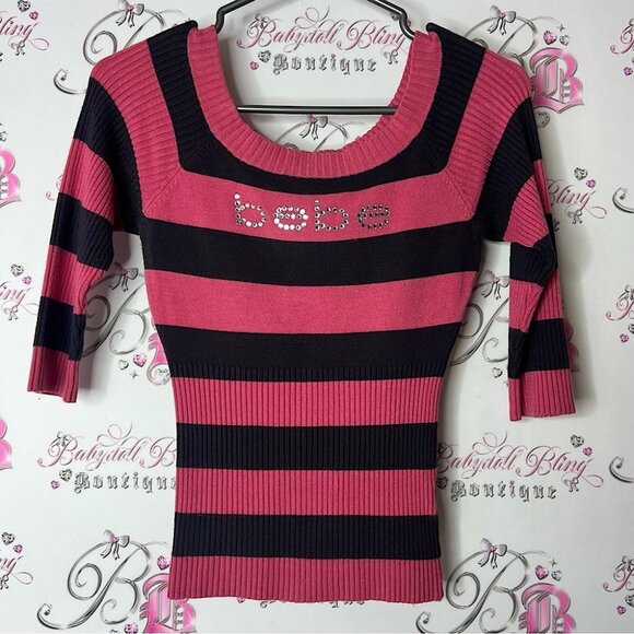 Bebe Pink and Black Striped Knit Top Swarovski crystal bling logo rare y2k